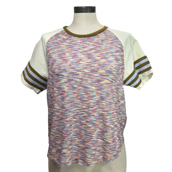 WE THE FREE Tailgate Tee Sz S Multicolor Print Raglan Striped Sleeves Retro 70s - Picture 5 of 10